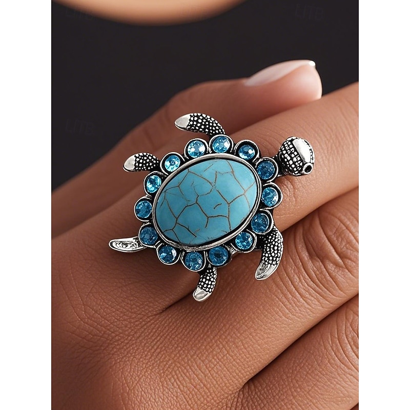 Women's Vintage Turtle Ring with Blue Turquoise Gemstone – Boho Animal Jewelry for Beach Vacations, Festivals and Casual Wear