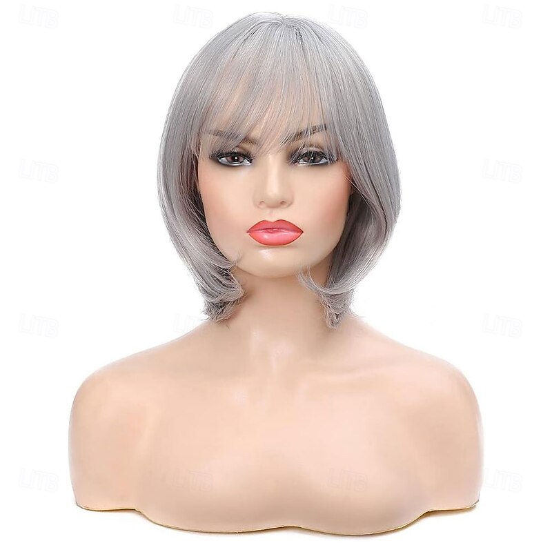 Women Short Bob Wig Grey Mommy Wig Synthetic Natural Looking Bangs Wig for Daily Party Cosplay2