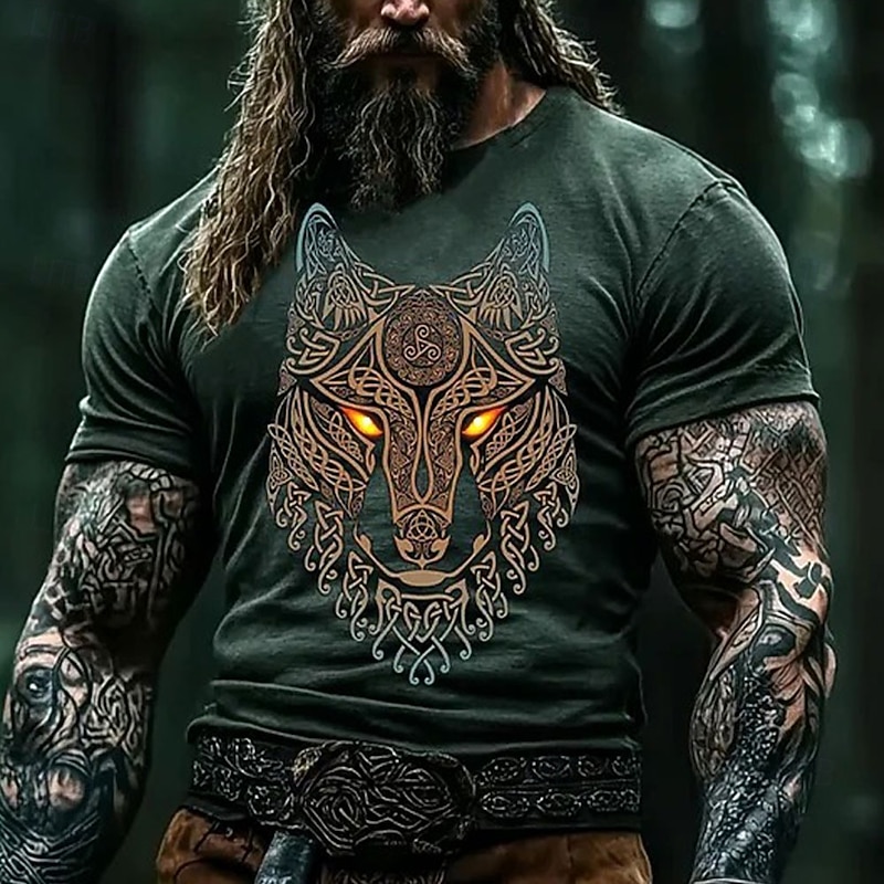 Men's Wolf Viking T Shirt Short Sleeve T shirt 3D Print Crew Neck Round Neck Shirt Fashion Ethnic Street Casual Daily Blue Purple Brown Summer Spring All Seasons Clothing Apparel S M L XL XXL XXXL