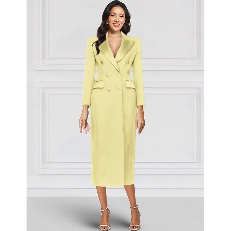 Tuxedo Dress Sheath / Column Wedding Guest Church Stretch Crepe Elegant Vintage Long Sleeve Ankle Length Peak Lapel Double Breasted2