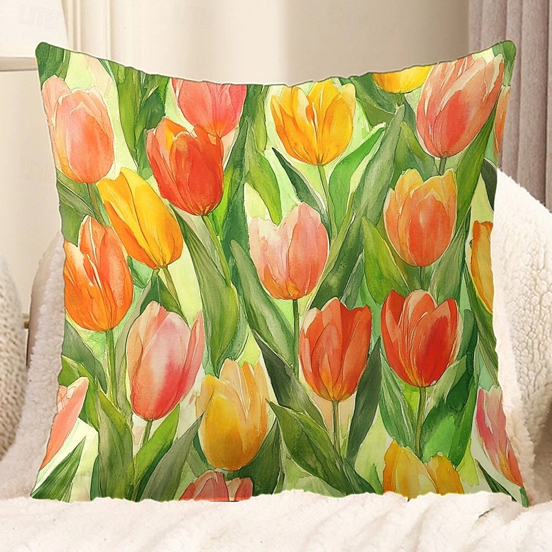 Summer Flower Tulips Decorative Toss Pillows Cover 1PC Soft Square Couch Cushion Case Pillowcase for Bedroom Livingroom Sofa Chair2