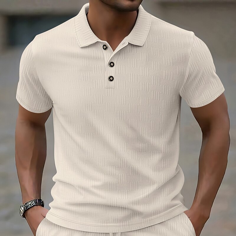 Men's Polo Golf Shirt Casual Holiday Classic Short Sleeve Fashion Modern Jacquard Buttons Summer Spring Regular Fit Black White Beige Light Blue Gray Polo2
