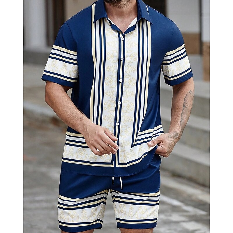 Men's Shirt Suits T-shirt Suits 2 Pieces Outfits Tee & Shorts Short Sleeve Shirt Collar Summer Color Block Fashion Casual 2 Piece Vacation Daily Wear Going out Black Navy Blue Top Tee for Men2