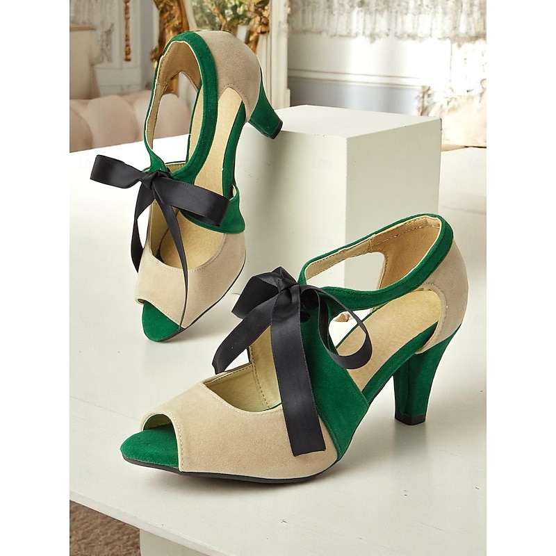 Women's Green and Beige Suede Peep Toe Heels with Black Ribbon-1920s Edwardian Vintage Gatsby Style Shoes for Elegant Parties, Dance Events, and Retro Outfits2