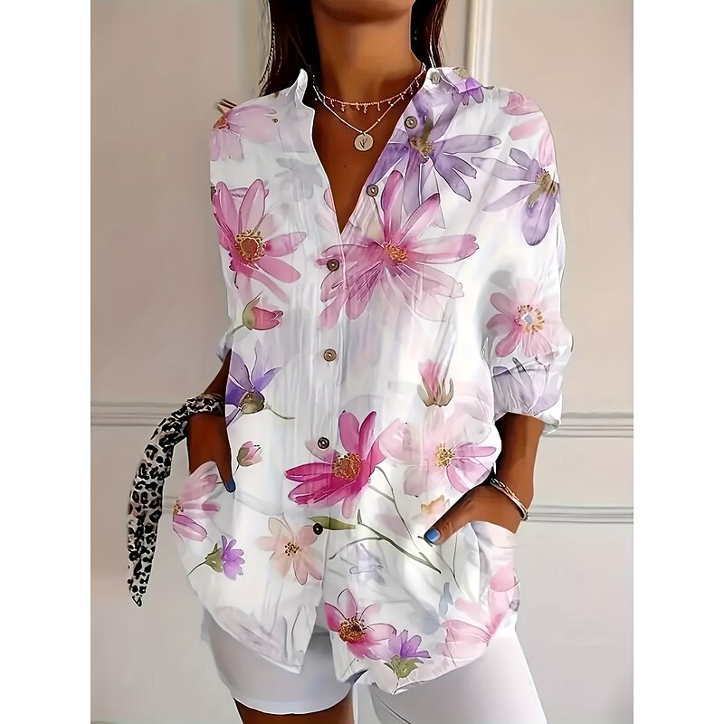 Women's Shirt Button Down Tunic Shirt Collar Long Sleeve Floral Graphic Daily Stylish Casual Regular Tops Work Daily s Print White Pink Orange Spring