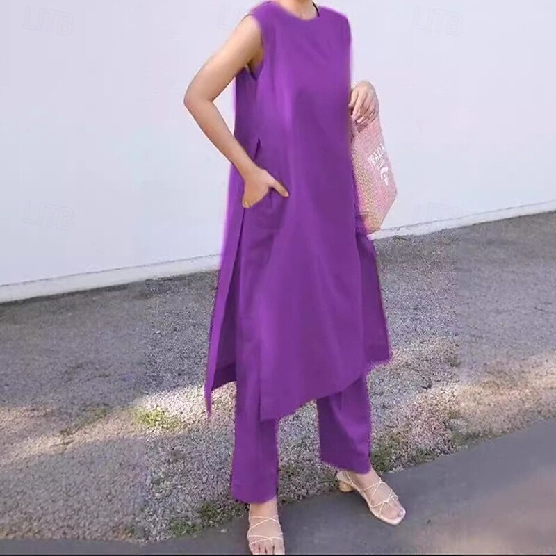 Women's Fashion Streetwear Cotton Linen Sets Two Piece Sets Pants Sets Short Sleeve Crew Neck Plain Daily Wear Date Pink Blue Purple Summer Regular Fit2