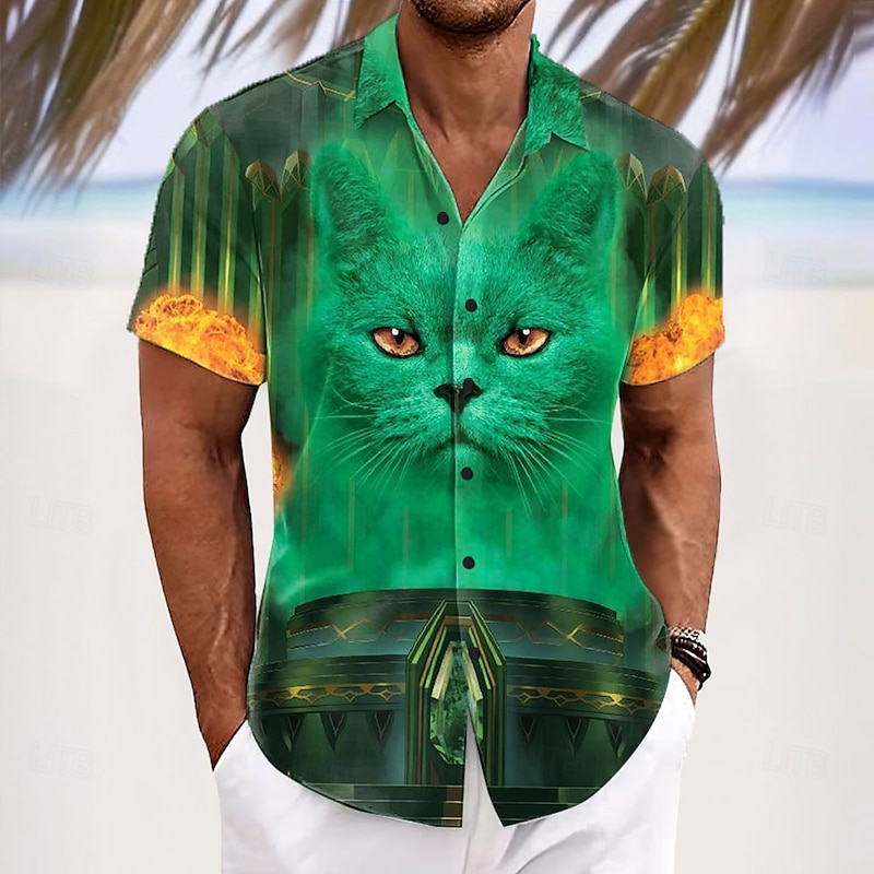 Cat The Great and Powerful by VINCENT HIE Men's Animal Cat Button Up Shirt Short Sleeve Designer Shirt Limited Artist Edition