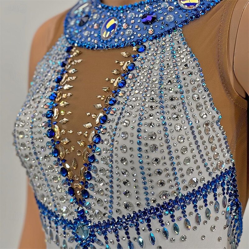 Figure Skating Dress Women's Girls' Ice Skating Dress Sky Blue White Patchwork Asymmetric Hem Mesh High Elasticity Training Competition Skating Wear Classic Crystal / Rhinestone Sleeveless Ice3