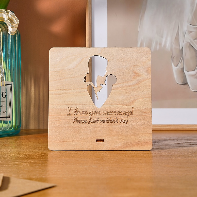 Mother's Day Wooden Table Decor Gift for Mom, Square Block with Mother and Child Carving and English Quote, Warm Holiday Home Decoration Ornament