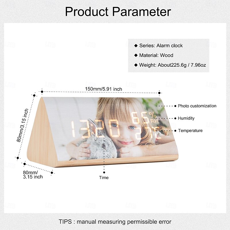 Personalized Photo Wooden Triangle Clock Custom Best Gift for Mom, Custom Message LED Alarm Clock, Stylish Home Decor, Ideal Valentine's Day, Birthday, Anniversary2