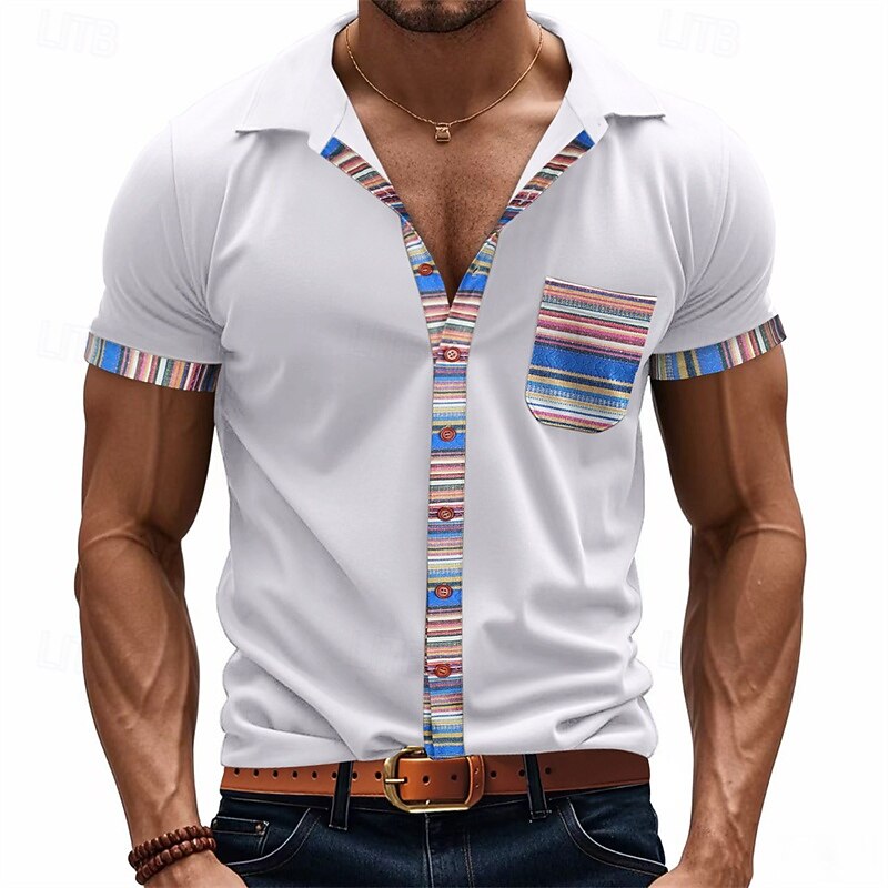 Men's Shirt Summer Shirt Casual Shirt Beach Shirt Button Up Shirt Black White khaki Light Grey Dark Gray Short Sleeve Stripes Lapel Vacation Hawaiian Pocket Clothing Apparel Polyester Fashion Casual3