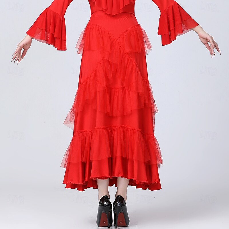 Latin Dance Skirts Pure Color Splicing Tulle Women's Performance Training High Polyester Tulle3