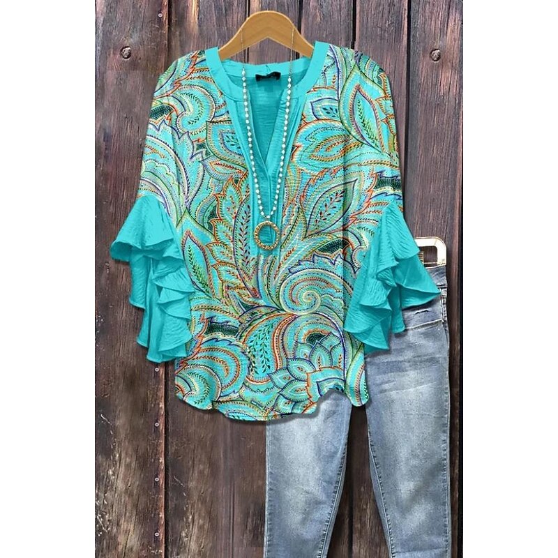 Women's Retro Blouse Layered Ruffle Sleeve Tops Vintage Floral Graphic Paisley Daily Stylish Casual 3/4 Length Sleeve Regular Tops Daily Holiday Vacation Wear Print Red Blue Sky Blue Green4