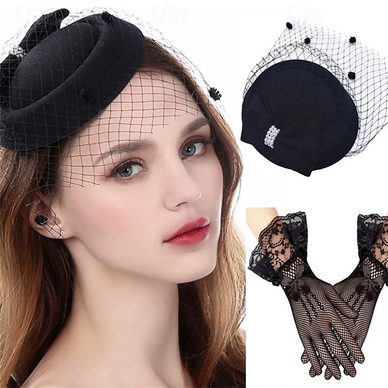 1950s Vintage Fascinator Hat Faux Feather Mesh Net Cocktail Tea Party Headwear ,Necklace and Women Short Lace Gloves3