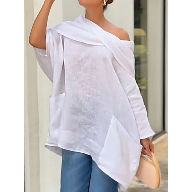 Women's Shirt Plain Basic Modern Long Sleeve Asymmetrical Regular Tops Daily Pocket Black White Apricot Summer