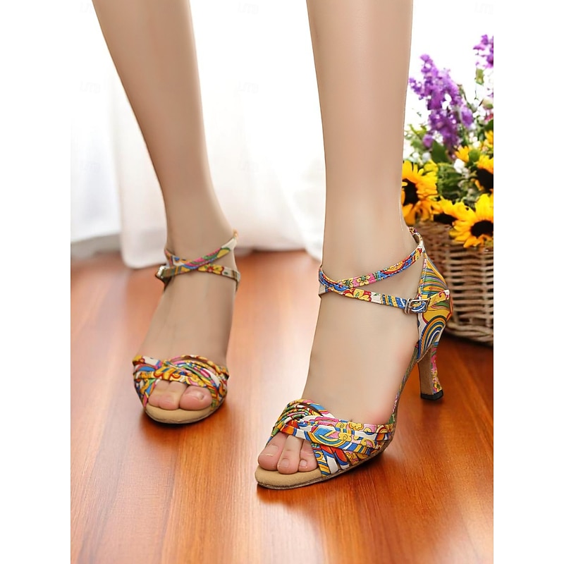 Women's Colorful Latin Dance Sandals – Boho Patterned Open-Toe Heels for Ladies' Salsa, Samba & Summer Performances4