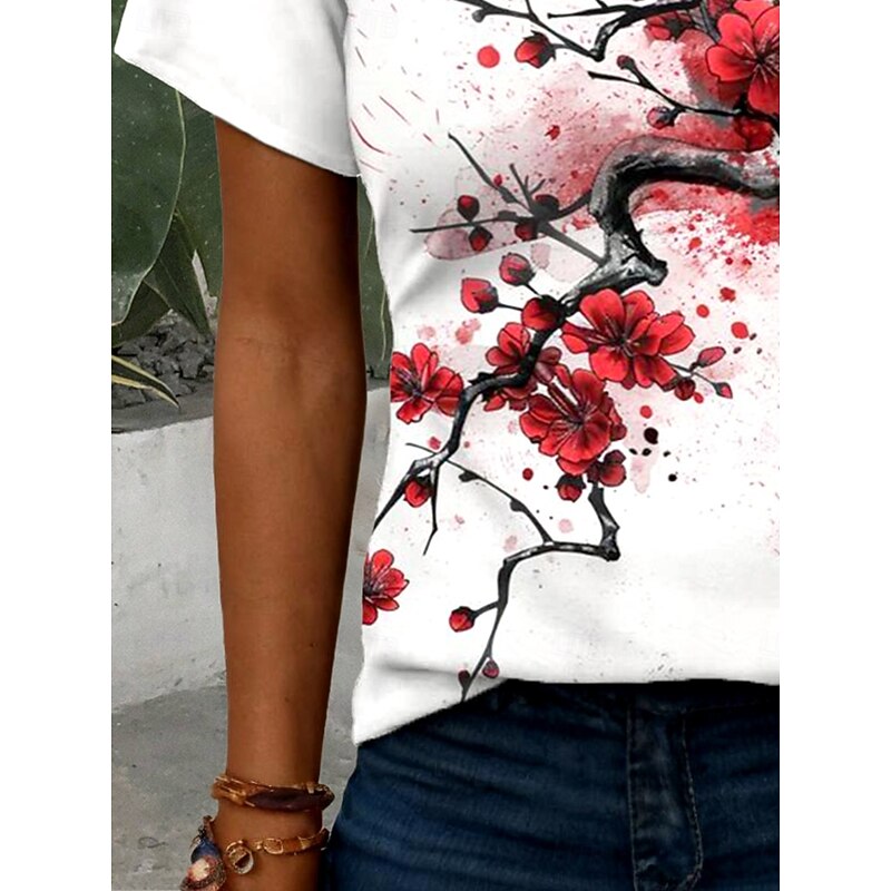 Women's T Shirt Floral Graphic Plants Vintage Stylish Classic Short Sleeve Notched Neck Regular Tops Daily Weekend Print Red Summer Spring3