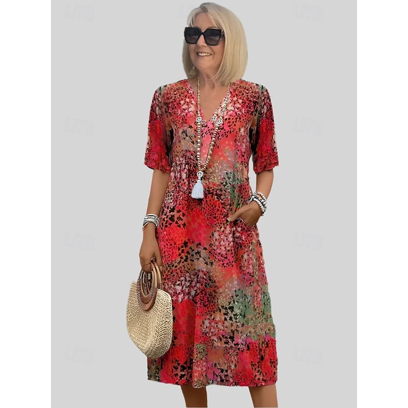 Women's Midi Dress Summer Dress Print Dress Elegant Daily Going out Regular Fit Geometric Multicolor Short Sleeve V Neck Red Blue Purple Khaki Summer2