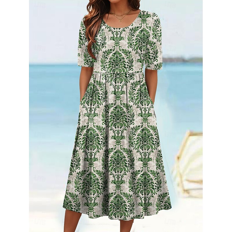 Women's Midi Dress Summer Dress Pleated Dress Vacation Casual Beach Daily Holiday Regular Fit Floral Graphic Paisley Short Sleeve Crew Neck Blue Orange Green Summer3