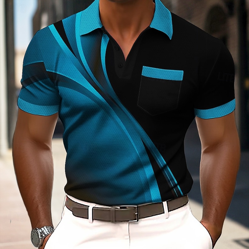 Men's Geometric Line Polo Short Sleeve Polo Shirts Collared Shirts Business Casual Outdoor Athleisure Daily Wear 3D Print Buttons Summer Blue Purple Green