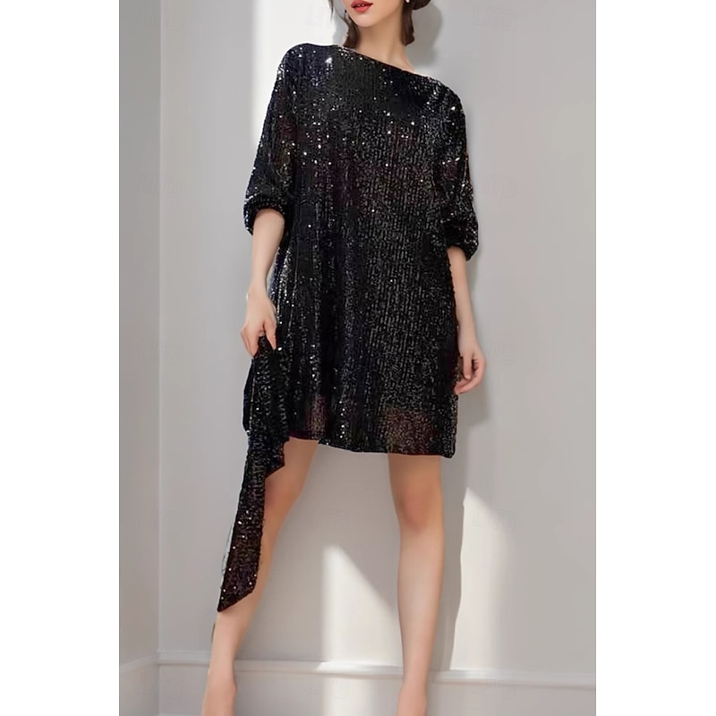 Women's Mini Dress Sequin Dress Party Dress Fashion Party Cocktail Party Regular Fit Plain Long Sleeve Crew Neck Black White Champagne Red Summer2