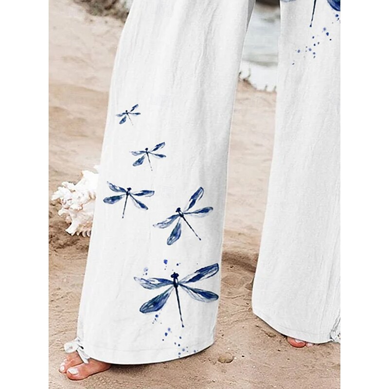 Women's Wide Leg Baggy Pants Beach Shorts Vacation Vintage Fashion Full Length High Waist Graphic Flower / Floral Drawstring Printing Soft Breathable Micro-elastic Vacation Causal Casual White Blue3