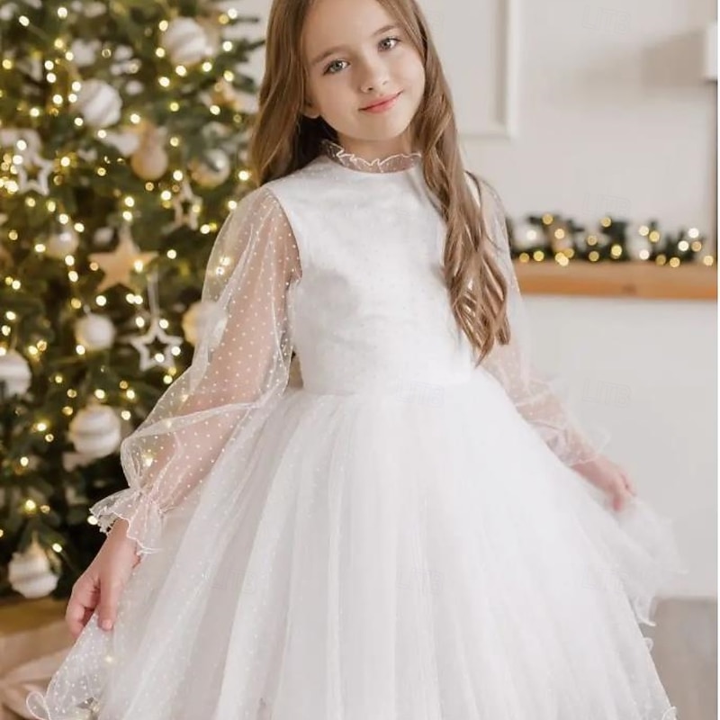 Kids Girls' Party Dress Solid Color Long Sleeve Performance Mesh Princess Sweet Mesh Mid-Calf Sheath Dress Tulle Dress Summer Spring Fall kids White2