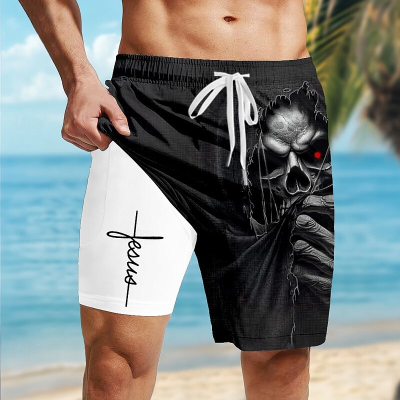 Men's Letter Printed Faith Halloween Costumes Lined Shorts 2 in 1 Board Shorts Swim Shorts Mid Waist Vintage Retro Holiday Streetwear Side Pockets With Compression Liner Elastic Drawstring Waist