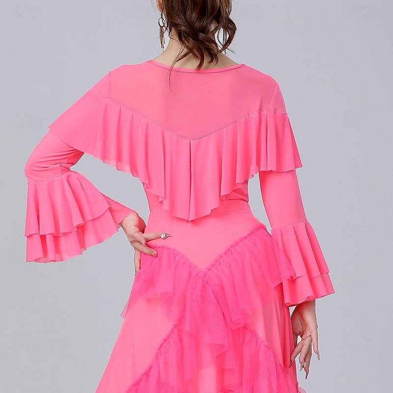 Latin Dance Top Ruffles Pure Color Splicing Women's Performance Training Long Sleeve High Polyester3