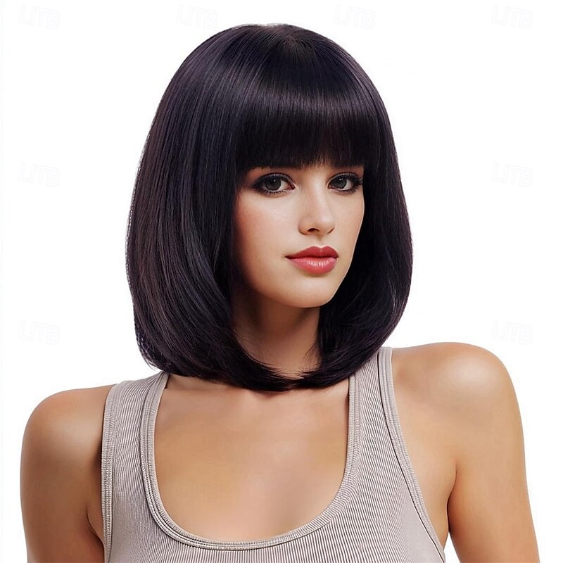 Rugelyss Black Short Straight Bob Wig with Bangs 12 Inches Synthetic Hair Wigs for Women and Girls with Wig Cap2