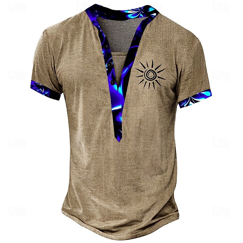 Men's Sun Print T Shirt Henley Shirt Tee Short Sleeve Designer Basic Classic Outdoor Casual Daily Summer Green Light Brown Khaki Henley Collar Henley Henley T-Shirt3