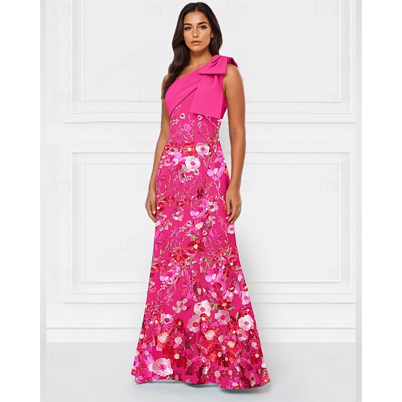A-Line Evening Gown Elegant Dress Formal Wedding Floor Length Sleeveless One ShoulderDress Stretch Crepe with Bow(s) Embroidery Appliques2