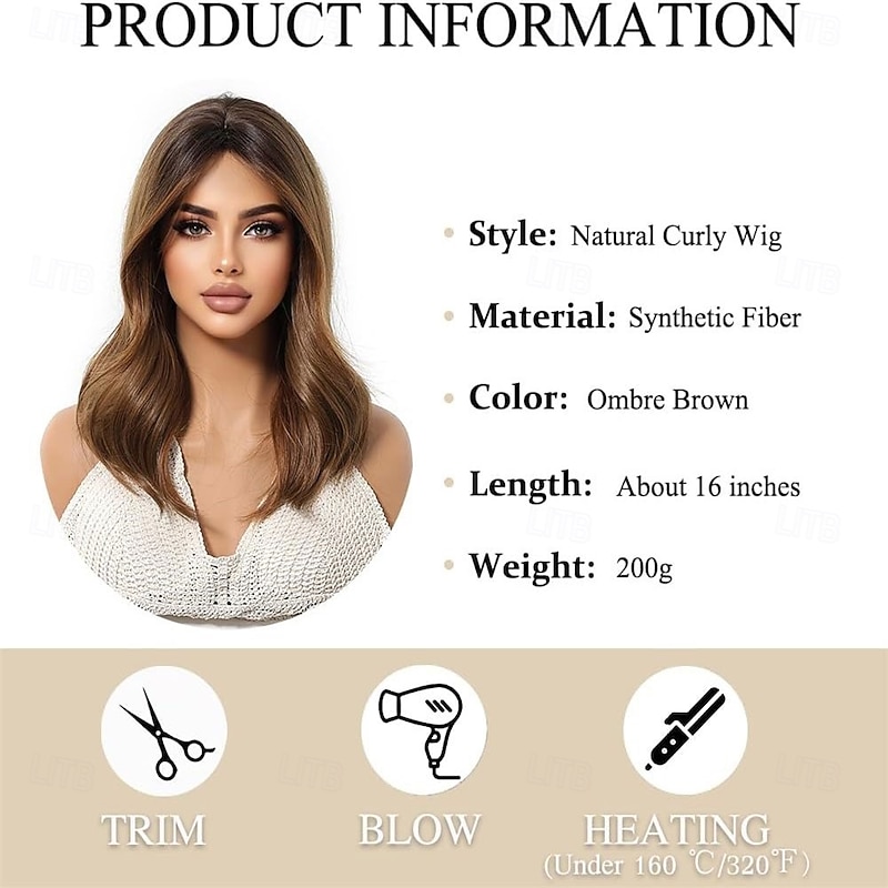 Ombre Brown Wig for Women with Curtain Bangs Medium Length Natural Curly Synthetic Hair Heat Resistant Wigs for Daily Party Cosplay Wear3