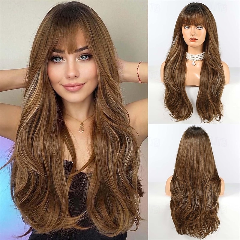 Long Ombre Brown with Highlight Wig with Bangs Layered Curly Wigs for Women Natural Synthetic Wigs for Daily Use