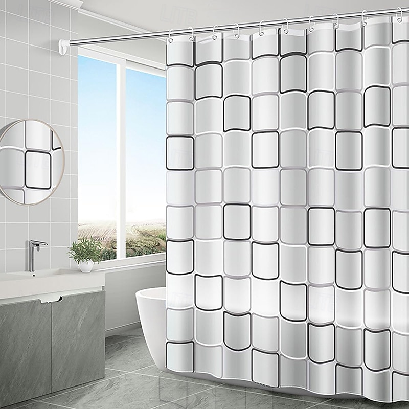 PEVA Shower Curtain Liner with Plastic Hooks Waterproof for Bathroom Decor Clear Contemporary Bathroom Curtains Black White Lattice Pattern