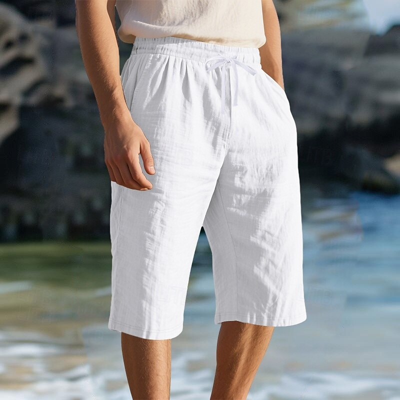 Men's Capri Pants Linen Shorts Summer Shorts Beach Shorts Drawstring Elastic Waist Plain Comfort Breathable Calf-Length Outdoor Daily Beach Vacation Fashion Dark Khaki Black2