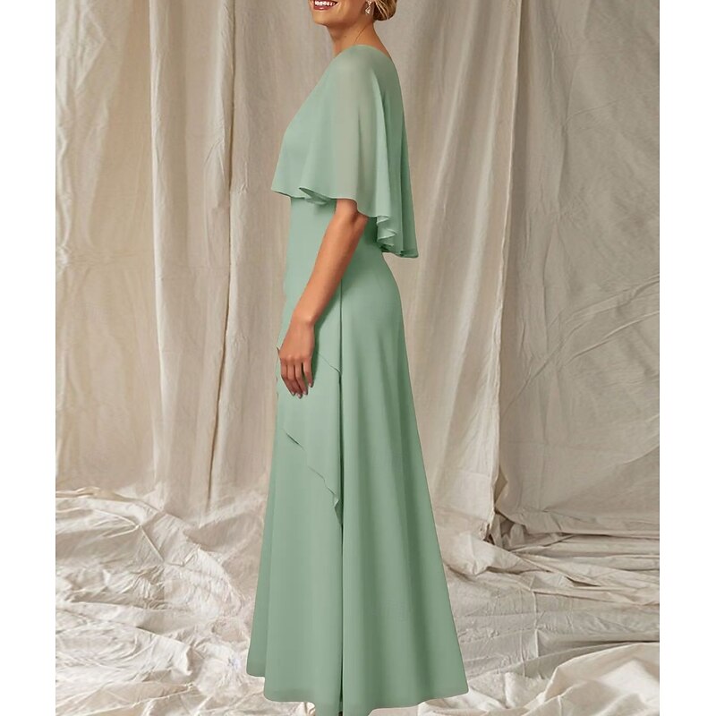 A-Line Mother of the Bride Dress Wedding Guest Elegant Crew Neck Floor Length Chiffon Half Sleeve with Cascading Ruffles2