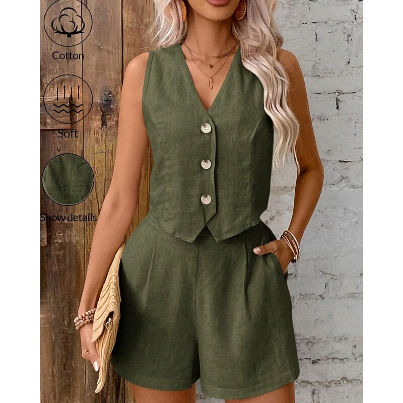 Women's Active Blouse Vest Shorts Sets Sleeveless V Neck Solid Color Dubbele Rij Knopen Holiday Casual Daily Black Wine Army Green Summer Regular Fit