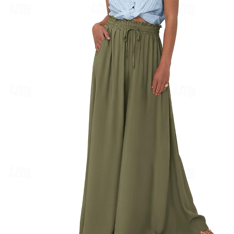 Women's Culottes Wide Leg Slacks Pants Trousers Streetwear Casual Full Length Natural Plain Pocket Elastic Waist Comfy Outdoor Comfortable Vacation Street Apricot Light Sky Blue Black Army Green2