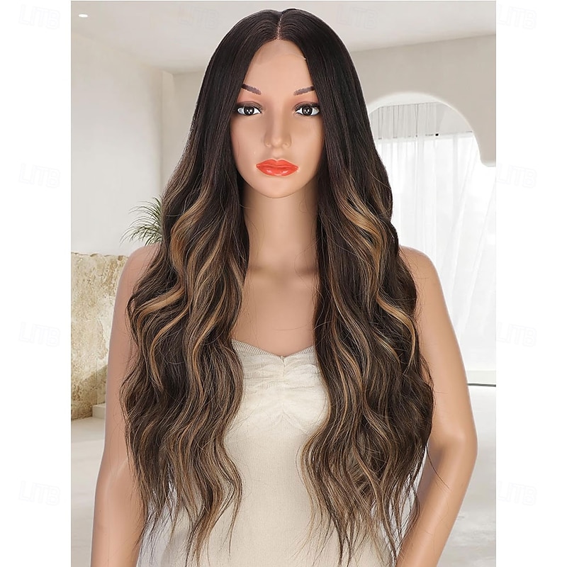 Long Brown Highlights Wigs for Women Ombre Brown Mixed Blonde Wigs with Black Roots Synthetic Long Curly Wavy Wigs With Lace Hairline Heat Resistant Fiber Wig for Daily Party Use3
