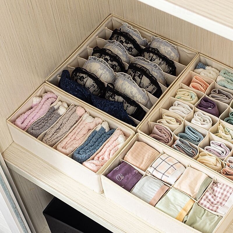 4 Pack Sock Underwear Drawer Organizer, Premium Washable Cotton Linen Storage Bins, Underwear and Bra Organizer, Drawer Storage Set for Clothes and Accessories