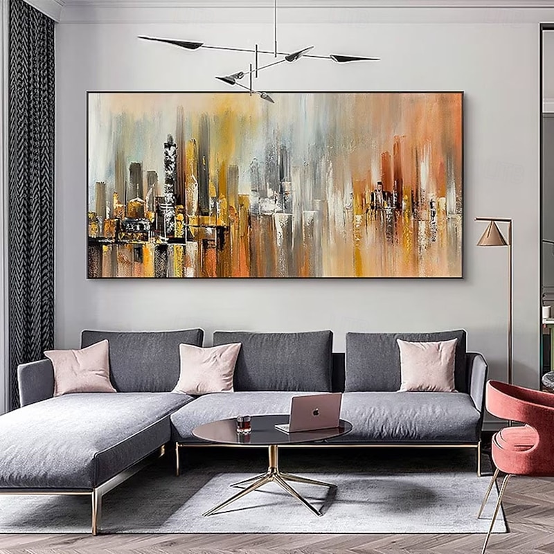 Cityscape oil painting Extra Large hanmdade Brush Stroke Oil Painting on Canvas Artwork Oversize Abstract city oil paintings handmade Wall Art Orange color Handmade landscape Painting2