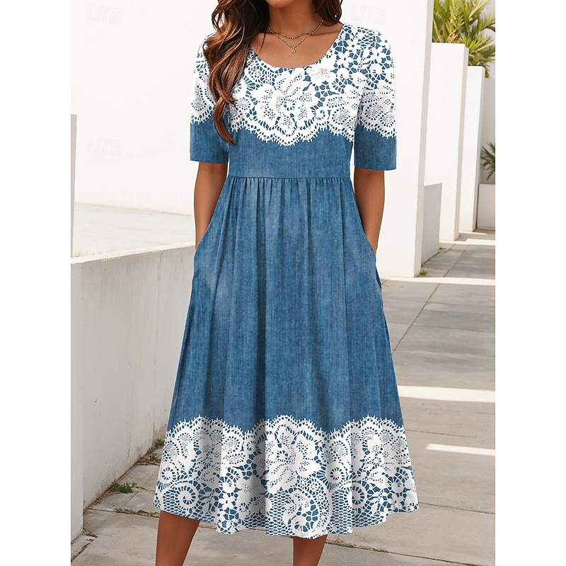 Women's Midi Dress A Line Dress Summer Dress Vacation Casual Daily Holiday Regular Fit Floral Graphic Half Sleeve Crew Neck Black Pink Blue Summer - Main Image