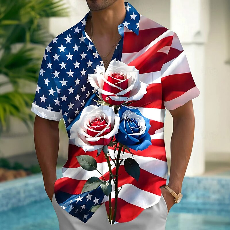 Men's American US Flag Independence Day Patriotic Shirt Casual Shirt Button Up Shirt Short Sleeve Fashion Casual Vacation Holiday Summer Spring Turndown 3D Print Collared Shirts Front One Pocket Blue