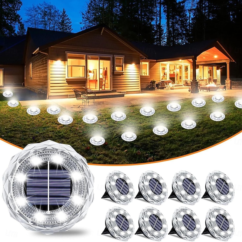 Solar Ground Lights Outdoor, 8 LED Solar Disc Lights IP65 Waterproof Flat Solar Lights, Pathway Lights Solar Powered for Garden Lawn Patio Yard Path Landscape, Cool White
