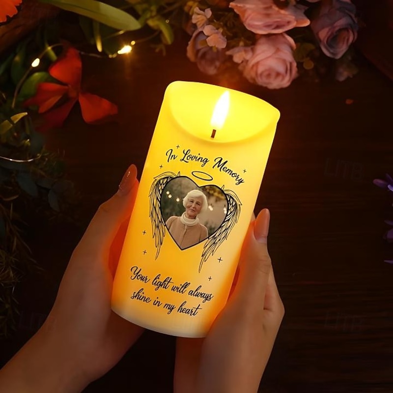 Personalized Memorial LED Candle Custom Photo Sympathy Gifts For Loss Of Loved Ones, Candle with Angel Wings Elegant Keepsake Light for Bedroom Home Decor Tribute Display3