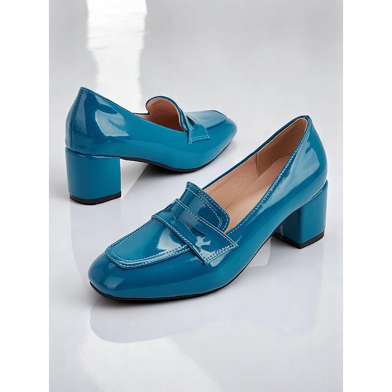 Women's Blue Glossy Patent Leather Chunky Heel Loafers – Modern Square Toe Slip-On Work Shoes for Office Professionals3