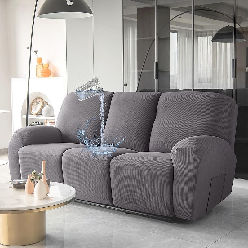 3 Seater Stretch Reclining Couch Covers Burgundy Waterproof Recliner Couch Covers with Side Pocket 8-Pieces Set,Non Slip Recliner Chair Cover for Standard 3 Seater Recliner, Soft Thick Check