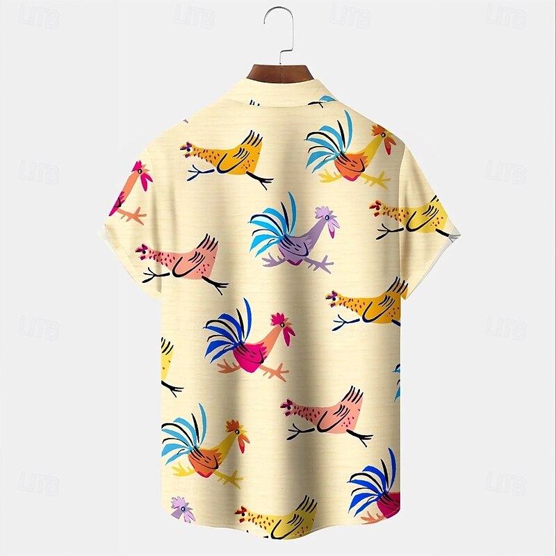 Men's Animal Rooster Funny Shirt Summer Hawaiian Shirt Button Up Shirt Short Sleeve Hawaiian Vacation Holiday Beach Wear Summer Spring Turndown 3D Print Collared Shirts Front One Pocket Yellow2