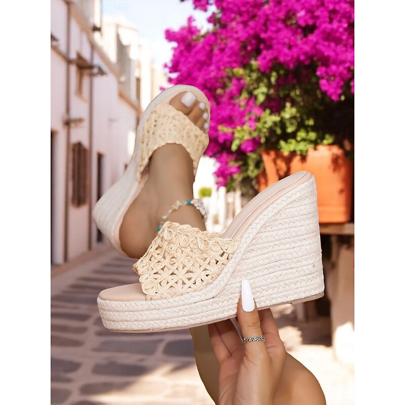 Women's Beige Woven Wedge Slide Sandals – Handcrafted Raffia Upper, Espadrille Platform Design for Summer Beach Vacations and Resort Wear4